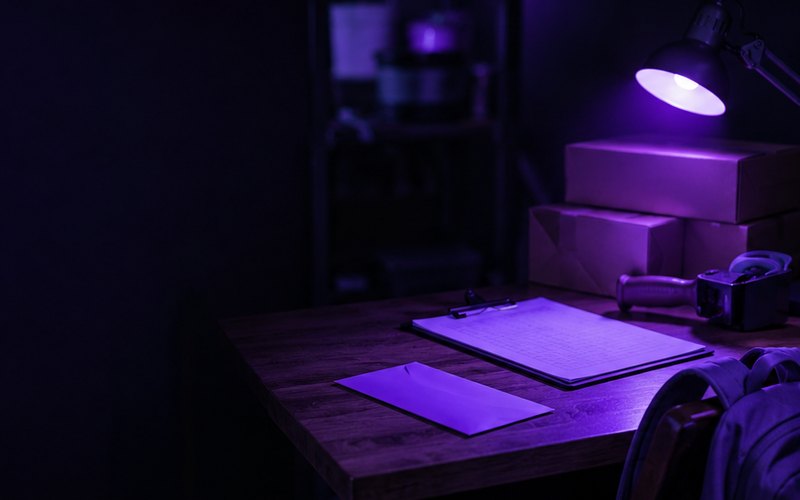 A young worker&rsquo;s desk in a family business, lit in purple