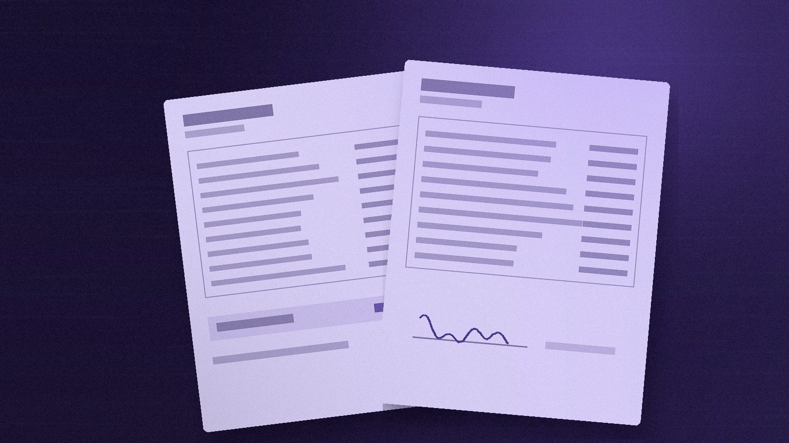 Two tax returns overlapping on a dark desk, lit in purple